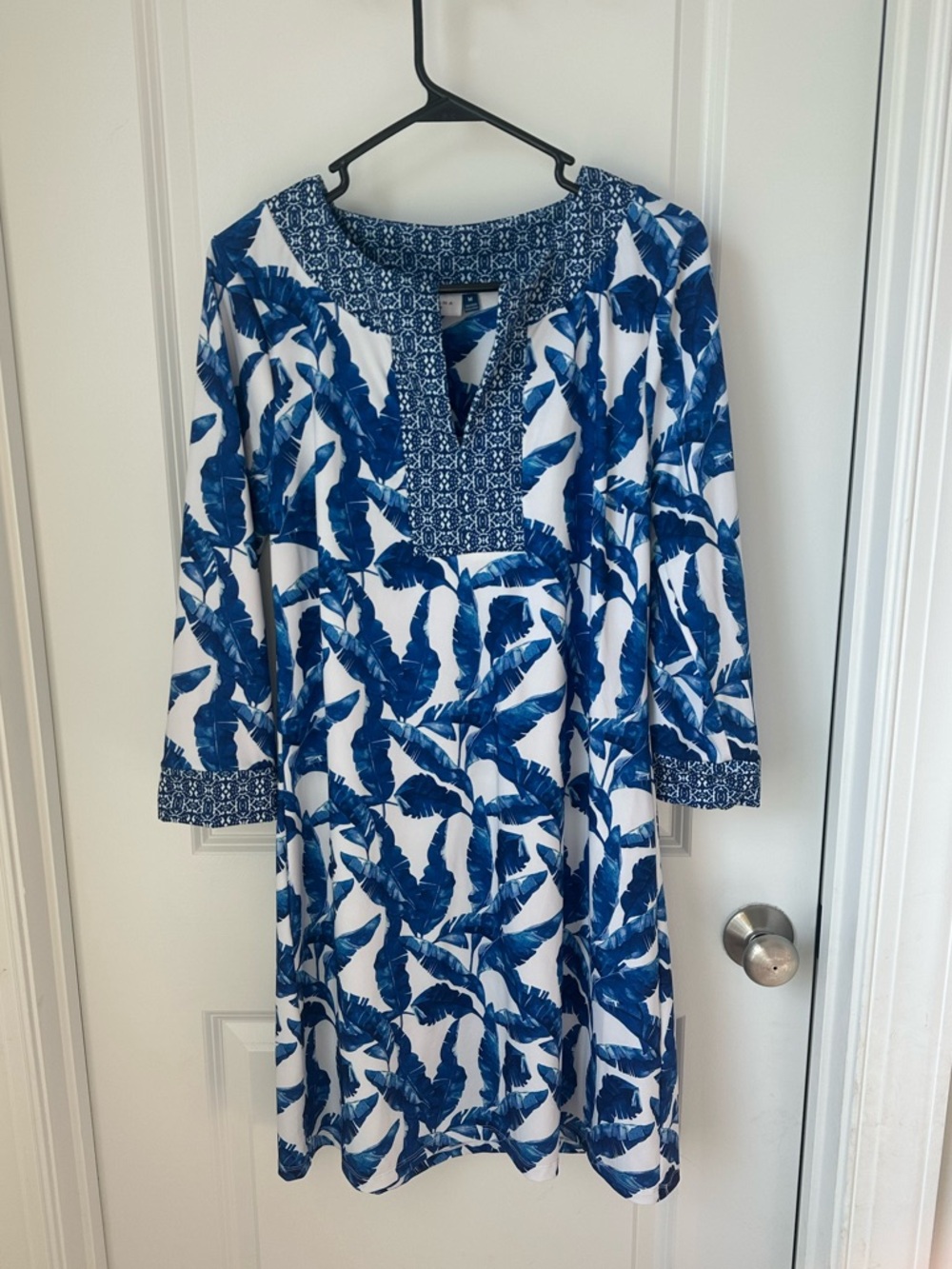 Cabana Life Blue and White 3/4 Sleeve Printed Tunic Dress